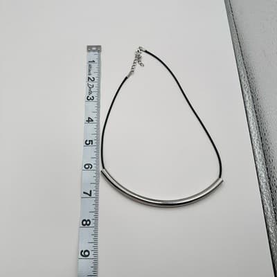 Vintage Y2K Silver Tone Curved Tube Bar Black Cord Necklace Women's Jewelry Boho - Thumbnail 9