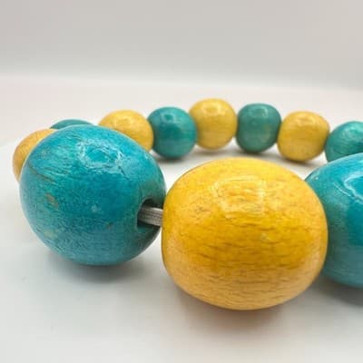 Vintage 80s Chunky Yellow Teal Wood Bead Stretch Bracelet Bangle Beach Jewelry - Thumbnail 5