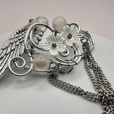 Vintage Y2K Silver Tone Angel Wing Non Piercing Ear Cuff Dangle Chain Jewelry - Thumbnail 7