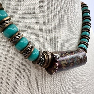 Vintage Y2K Teal Beaded Floral Paper Tube Statement Necklace Women's Jewelry 90s - Thumbnail 4