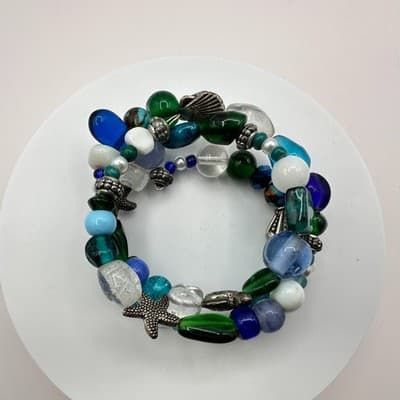 Vintage Y2K Memory Wire Wrap Beaded Bracelet Shell Turtle Starfish Jewelry Y2K - Thumbnail 7