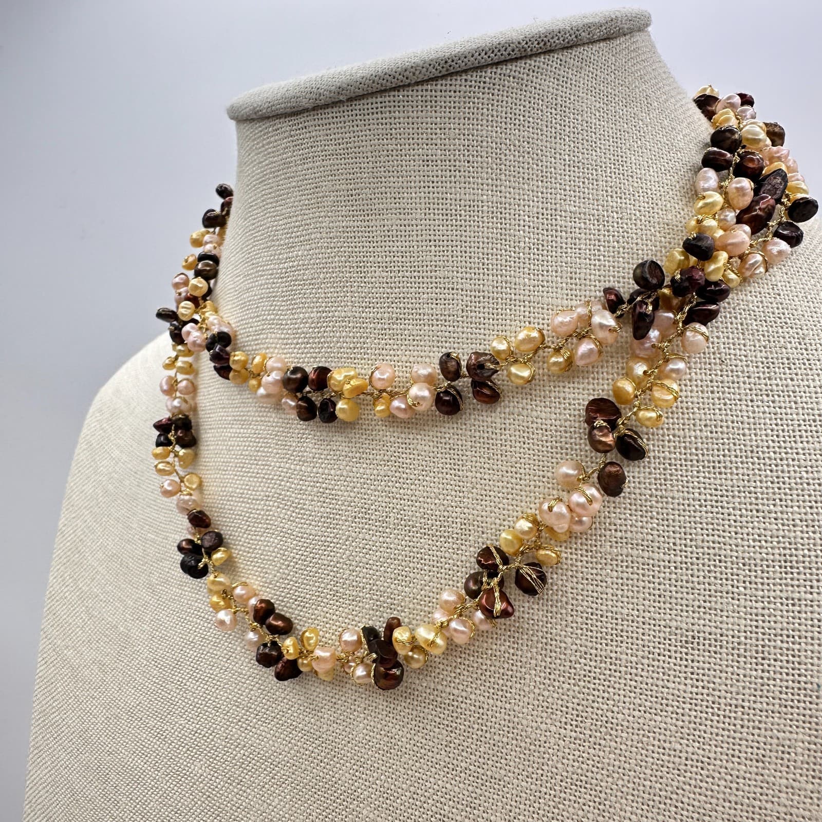 Vintage 90s Multi strand Wire Wrap Pearl Necklace Gold Tone Women's Jewelry Boho - Thumbnail 2