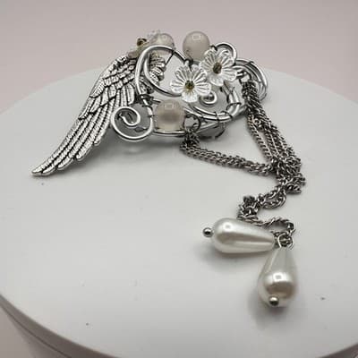 Vintage Y2K Silver Tone Angel Wing Non Piercing Ear Cuff Dangle Chain Jewelry - Thumbnail 4