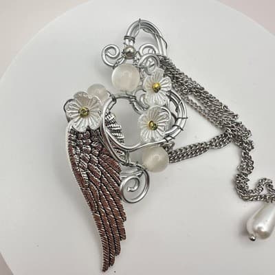 Vintage Y2K Silver Tone Angel Wing Non Piercing Ear Cuff Dangle Chain Jewelry - Thumbnail 3