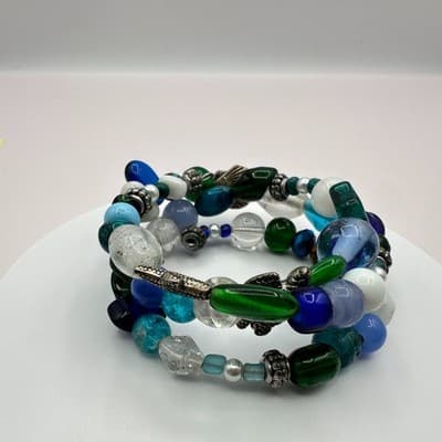 Vintage Y2K Memory Wire Wrap Beaded Bracelet Shell Turtle Starfish Jewelry Y2K - Thumbnail 2