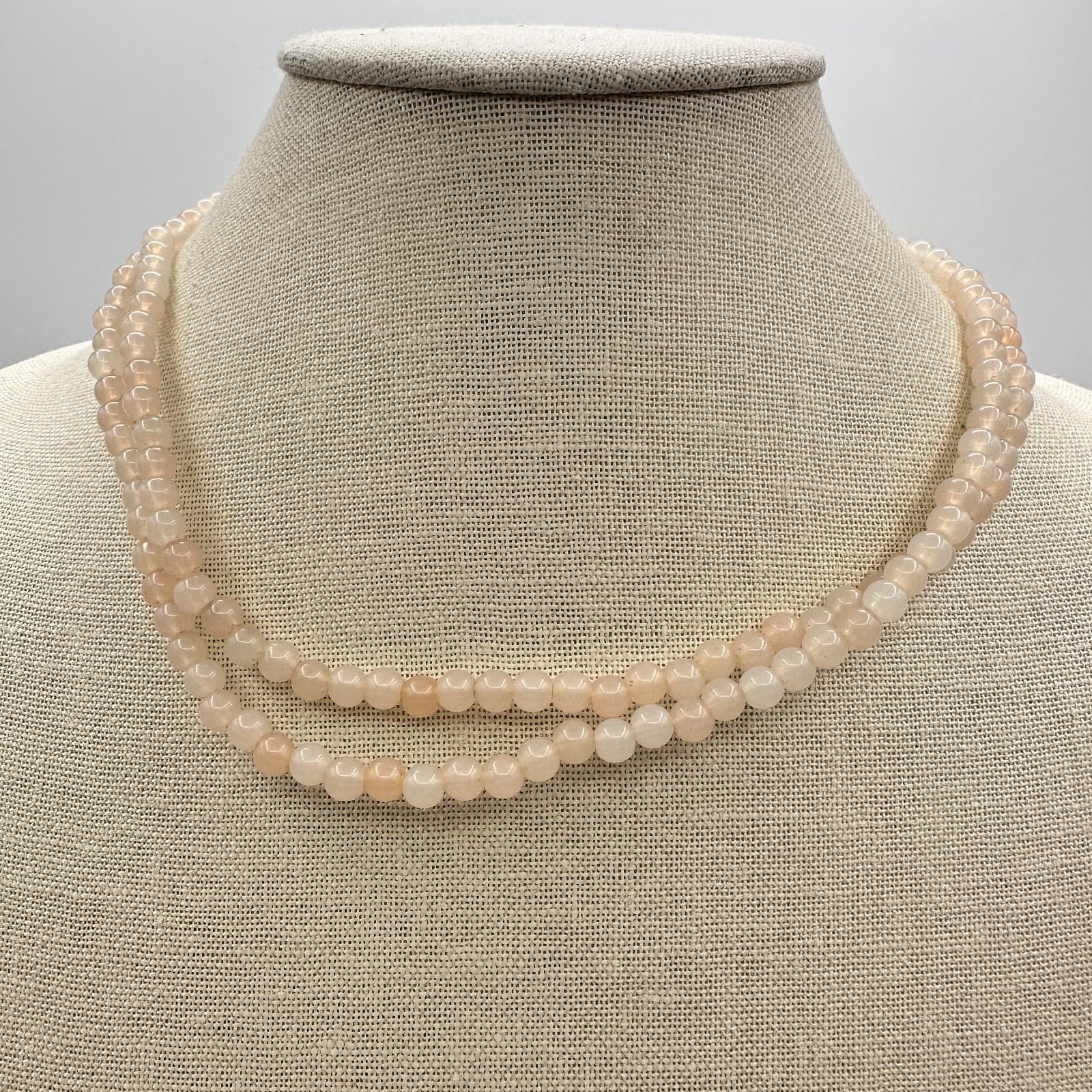 Vintage 80s Double Strand Peach Moonstone Beaded Necklace Women's Jewelry Boho - Thumbnail 2