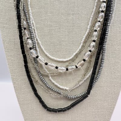 Vintage 90s Multi-Strand Beaded Layered Necklace Seed Bead Clear Glass Boho Y2K - Thumbnail 2