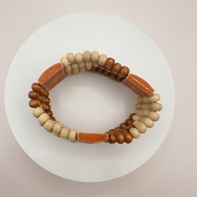 Vintage 80s Tribal Wood Bead Wrap Bracelet Artisan Ceramic Tile Brown Jewelry - Thumbnail 6