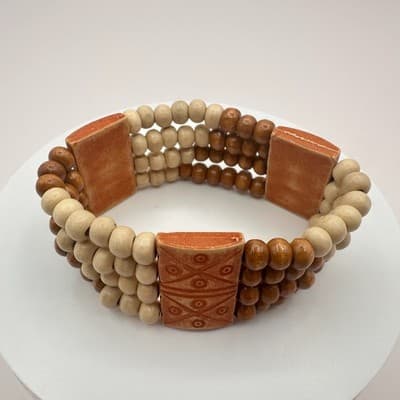 Vintage 80s Tribal Wood Bead Wrap Bracelet Artisan Ceramic Tile Brown Jewelry - Thumbnail 3