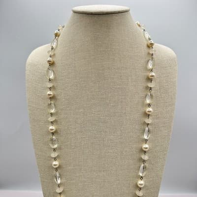 Vintage 90s Cream Faux Pearl & Clear Quartz Glass Bead Necklace Boho Jewelry Bib - Thumbnail 3