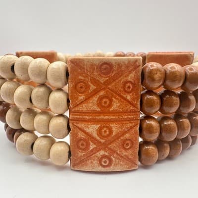 Vintage 80s Tribal Wood Bead Wrap Bracelet Artisan Ceramic Tile Brown Jewelry - Thumbnail 4