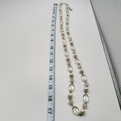 Vintage 90s Cream Faux Pearl & Clear Quartz Glass Bead Necklace Boho Jewelry Bib - Thumbnail 10