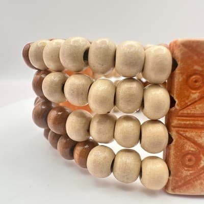 Vintage 80s Tribal Wood Bead Wrap Bracelet Artisan Ceramic Tile Brown Jewelry - Thumbnail 5