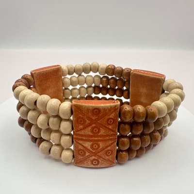 Vintage 80s Tribal Wood Bead Wrap Bracelet Artisan Ceramic Tile Brown Jewelry - Thumbnail 2