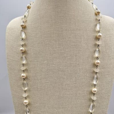 Vintage 90s Cream Faux Pearl & Clear Quartz Glass Bead Necklace Boho Jewelry Bib - Thumbnail 4