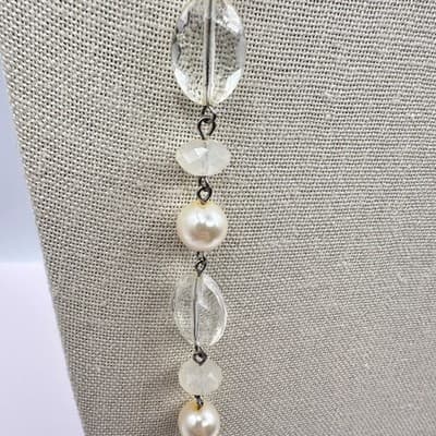Vintage 90s Cream Faux Pearl & Clear Quartz Glass Bead Necklace Boho Jewelry Bib - Thumbnail 6