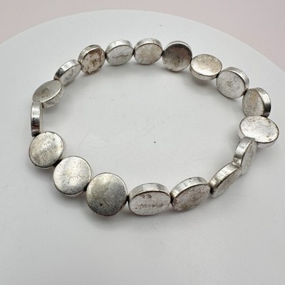 Vintage 90s Silver Tone Matte Disc Bead Stretch Bracelet Minimalist Boho Jewelry - Thumbnail 3