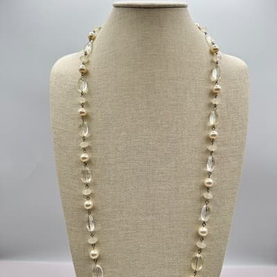 Vintage 90s Cream Faux Pearl & Clear Quartz Glass Bead Necklace Boho Jewelry Bib - Thumbnail 8