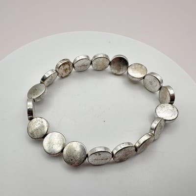 Vintage 90s Silver Tone Matte Disc Bead Stretch Bracelet Minimalist Boho Jewelry - Thumbnail 6