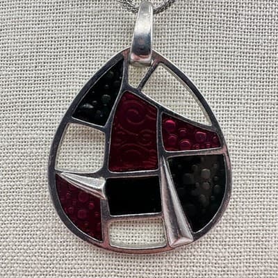 Vintage 90s Pink & Black Glass Beads Teardrop Pendant Silver Tone Necklace Boho - Thumbnail 2