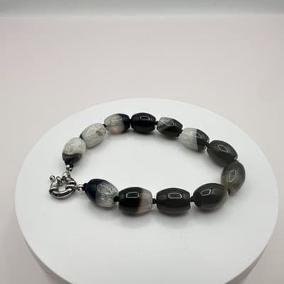 Vintage Silver Tone Black White Striped Agate Gemstone Barrel Bead Bracelet Bib - Thumbnail 2
