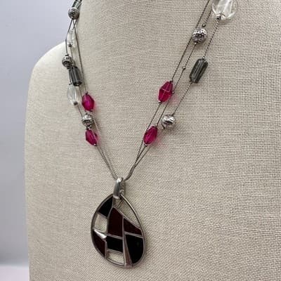 Vintage 90s Pink & Black Glass Beads Teardrop Pendant Silver Tone Necklace Boho - Thumbnail 5