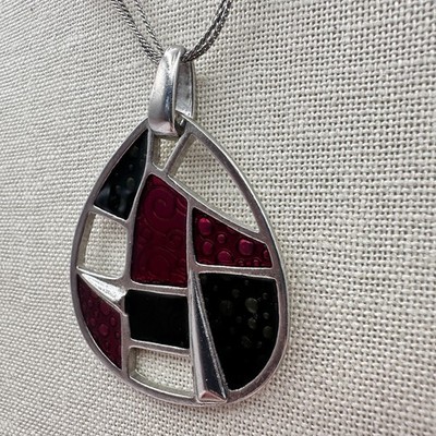 Vintage 90s Pink & Black Glass Beads Teardrop Pendant Silver Tone Necklace Boho - Thumbnail 6