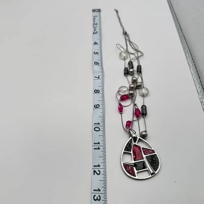 Vintage 90s Pink & Black Glass Beads Teardrop Pendant Silver Tone Necklace Boho - Thumbnail 10