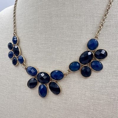 Vintage 80s 90s Blue Cluster Bib Statement Gold Tone Necklace Fashion Jewelry - Thumbnail 6