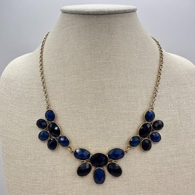 Vintage 80s 90s Blue Cluster Bib Statement Gold Tone Necklace Fashion Jewelry - Thumbnail 8