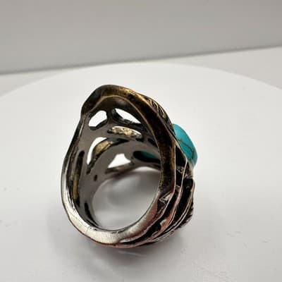 Vintage 90s Southwest Style Silver Tone Ring with Blue Faux Turquoise Stones 90s - Thumbnail 4