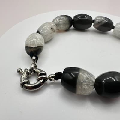 Vintage Silver Tone Black White Striped Agate Gemstone Barrel Bead Bracelet Bib - Thumbnail 3