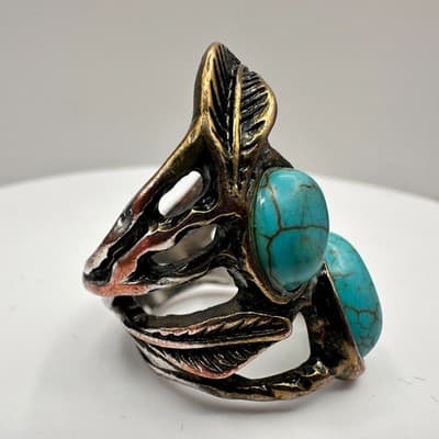 Vintage 90s Southwest Style Silver Tone Ring with Blue Faux Turquoise Stones 90s - Thumbnail 2