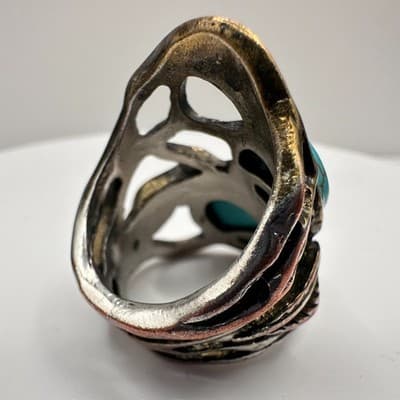 Vintage 90s Southwest Style Silver Tone Ring with Blue Faux Turquoise Stones 90s - Thumbnail 3