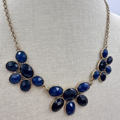 Vintage 80s 90s Blue Cluster Bib Statement Gold Tone Necklace Fashion Jewelry - Thumbnail 5