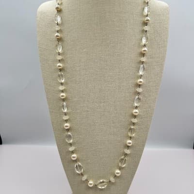 Vintage 90s Cream Faux Pearl & Clear Quartz Glass Bead Necklace Boho Jewelry Bib - Thumbnail 2