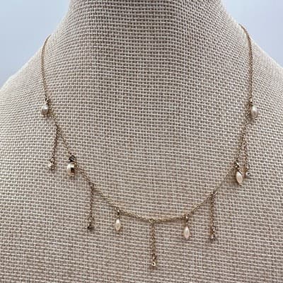 Vintage 90s Faux Pearl Clear Glass Dangle Charm Gold Tone Necklace Minimalist - Thumbnail 2