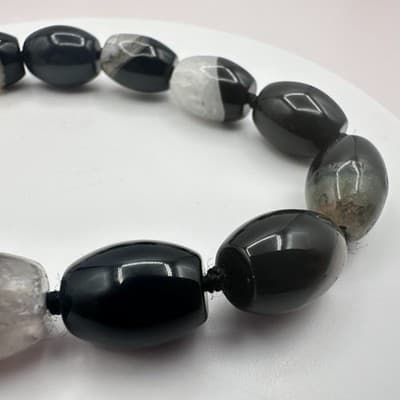 Vintage Silver Tone Black White Striped Agate Gemstone Barrel Bead Bracelet Bib - Thumbnail 4