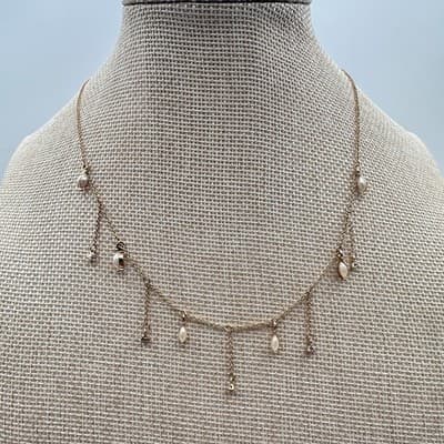 Vintage 90s Faux Pearl Clear Glass Dangle Charm Gold Tone Necklace Minimalist - Thumbnail 7