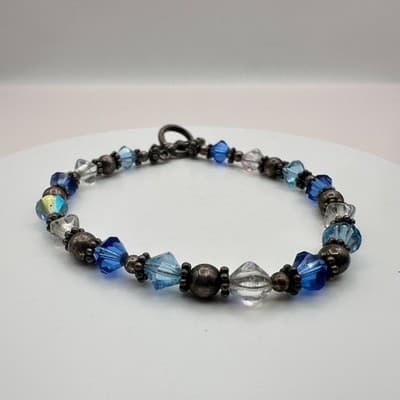 Vintage 90s Blue Glass Beaded SilverTone Bracelet Boho Stackable Fashion Jewelry - Thumbnail 2