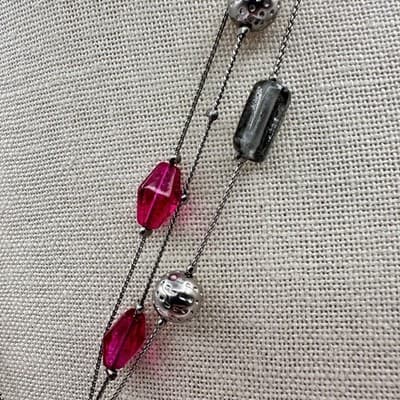 Vintage 90s Pink & Black Glass Beads Teardrop Pendant Silver Tone Necklace Boho - Thumbnail 7