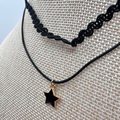 Vintage 90s Gold Tone Star Glass Pendant Black Double Layer Choker Necklace Y2K - Thumbnail 6