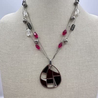 Vintage 90s Pink & Black Glass Beads Teardrop Pendant Silver Tone Necklace Boho - Thumbnail 8