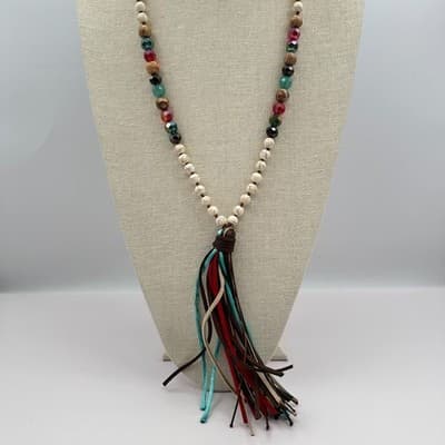 Vintage 90s Beaded Tassel Necklace Western Boho Classic Women's Fashion Jewelry - Thumbnail 3