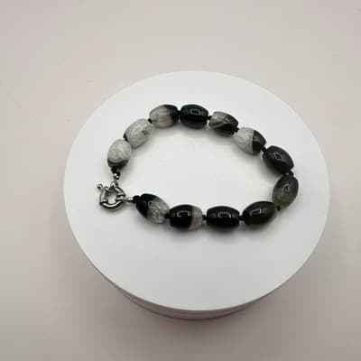 Vintage Silver Tone Black White Striped Agate Gemstone Barrel Bead Bracelet Bib - Thumbnail 5