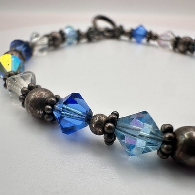 Vintage 90s Blue Glass Beaded SilverTone Bracelet Boho Stackable Fashion Jewelry - Thumbnail 5
