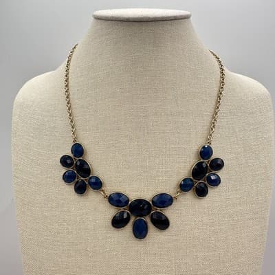 Vintage 80s 90s Blue Cluster Bib Statement Gold Tone Necklace Fashion Jewelry - Thumbnail 3