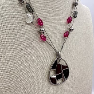Vintage 90s Pink & Black Glass Beads Teardrop Pendant Silver Tone Necklace Boho - Thumbnail 4