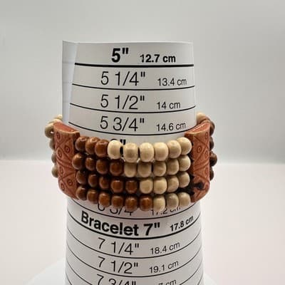 Vintage 80s Tribal Wood Bead Wrap Bracelet Artisan Ceramic Tile Brown Jewelry - Thumbnail 7