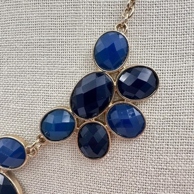 Vintage 80s 90s Blue Cluster Bib Statement Gold Tone Necklace Fashion Jewelry - Thumbnail 7